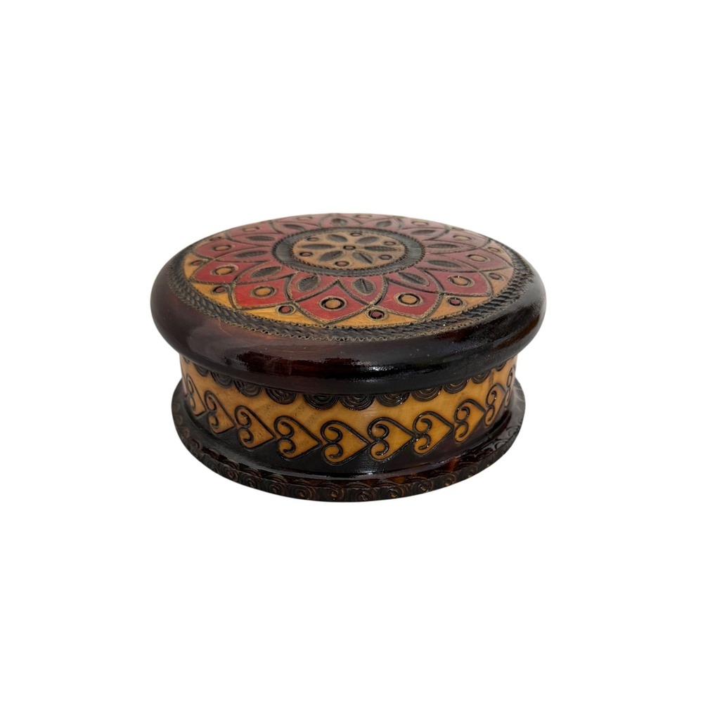 Vintage Trinket Box Small Brown Hand Carved Wood Made in Poland